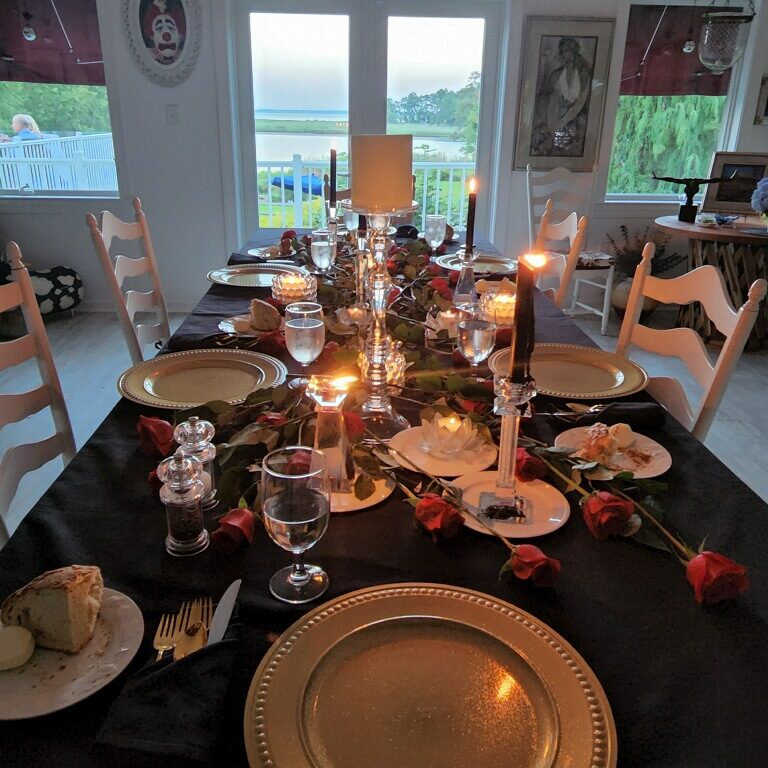 Fundraiser Dinner River House Black and Gold Setting